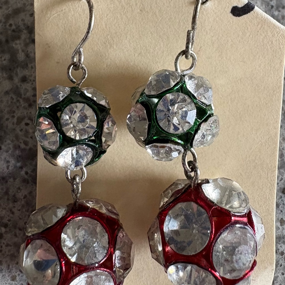 Green & Red Crystal Drop Earrings with Clear Stones